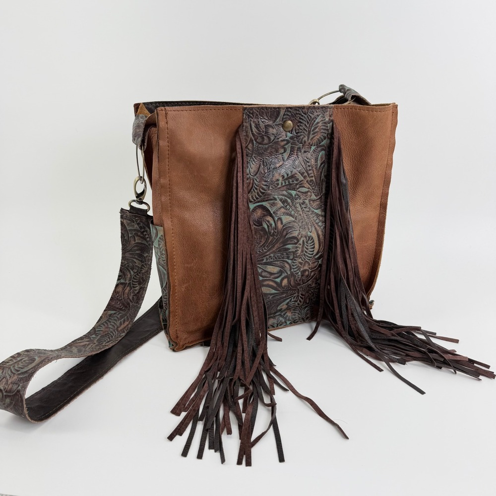 Hand Tooled Leather Fringe Crossbody Bag Western Boho Turquoise Floral Purse 11"